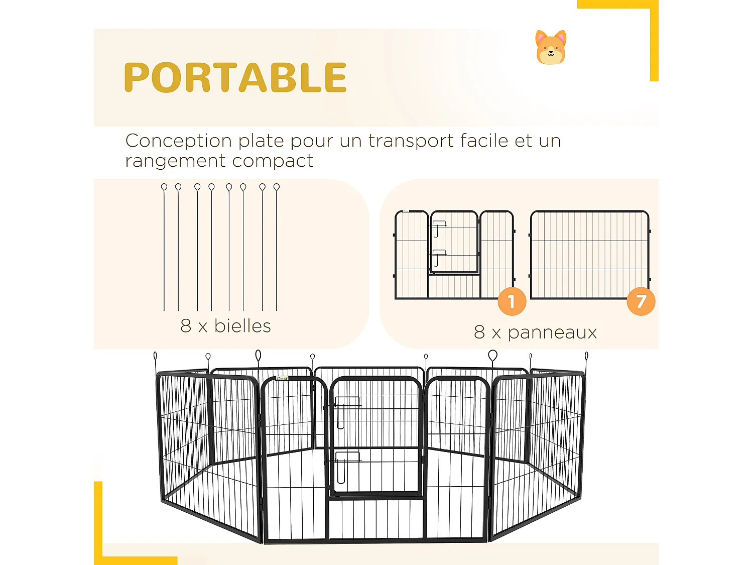 Luxe parc enclos modulable acier 8 panneaux dim. 80L x 60H cm - porte verrouillable - acier époxy noir