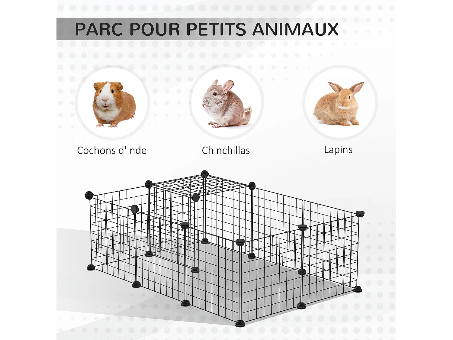 Cage parc enclos rongeurs modulable dim. L 105 x l 70 x H 35 cm résine PP fil métallique noir
