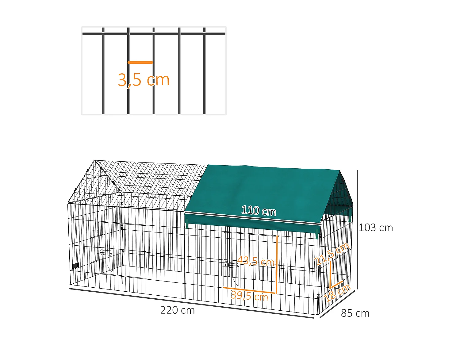 Parc enclos petits animaux - 2 portes, 2 trappes nourrissages, zone couverte - acier noir polyester vert