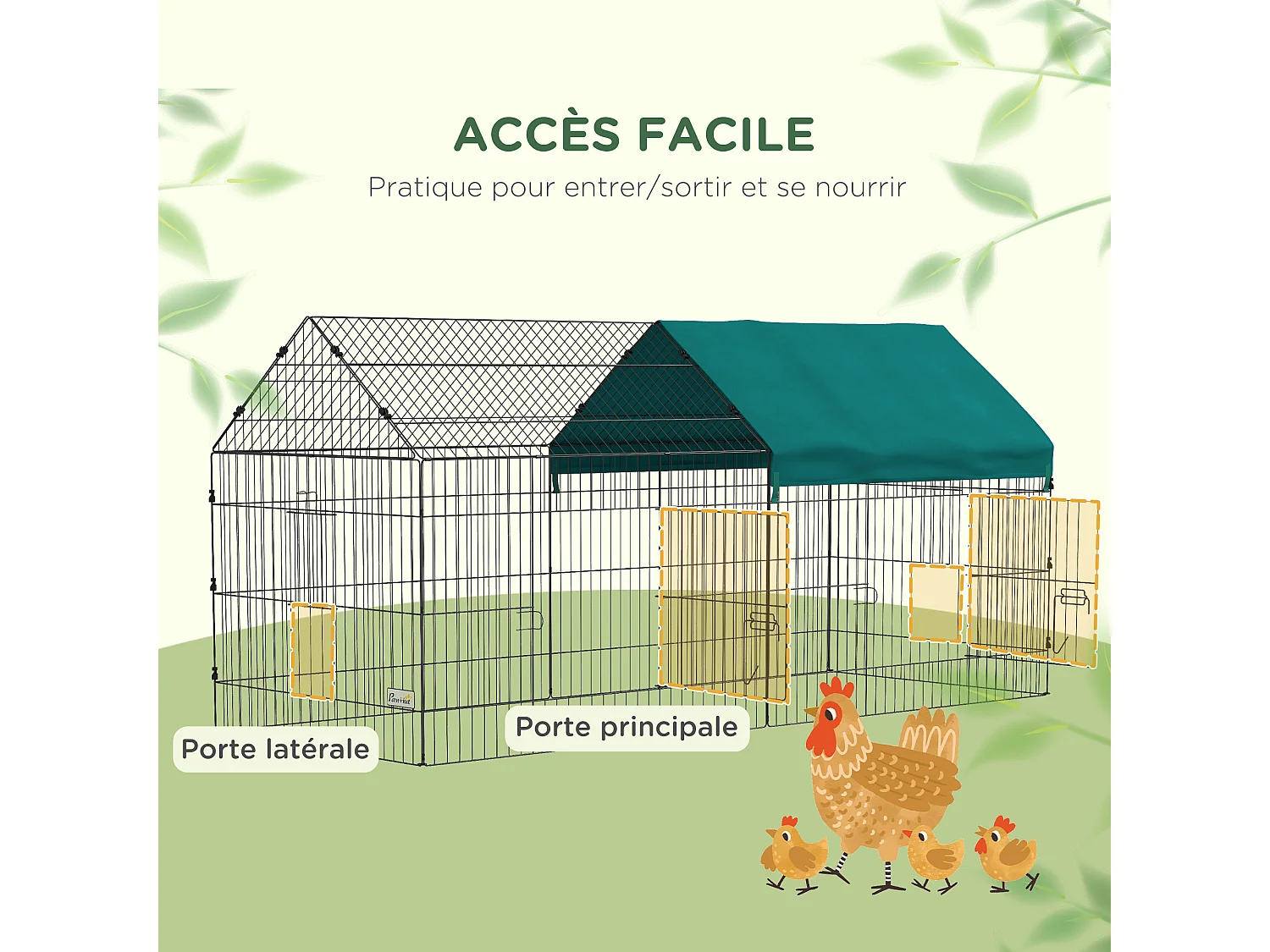 Parc enclos petits animaux - 2 portes, 2 trappes nourrissages, zone couverte - acier noir polyester vert