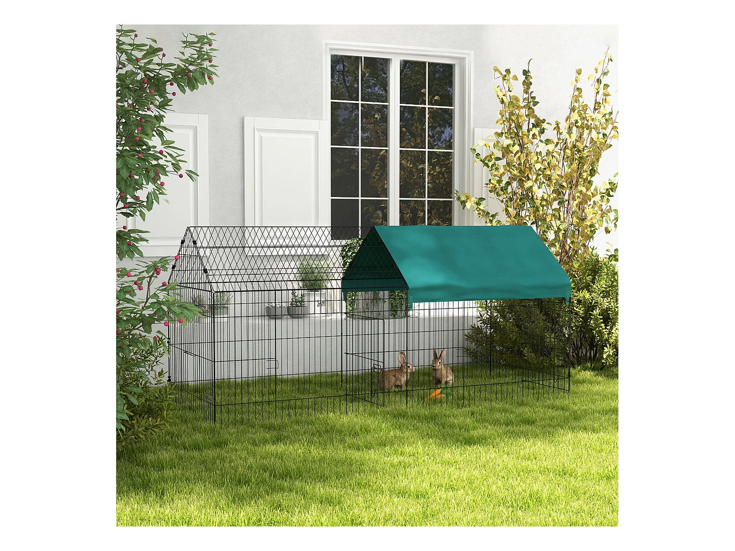 Parc enclos petits animaux - 2 portes, 2 trappes nourrissages, zone couverte - acier noir polyester vert