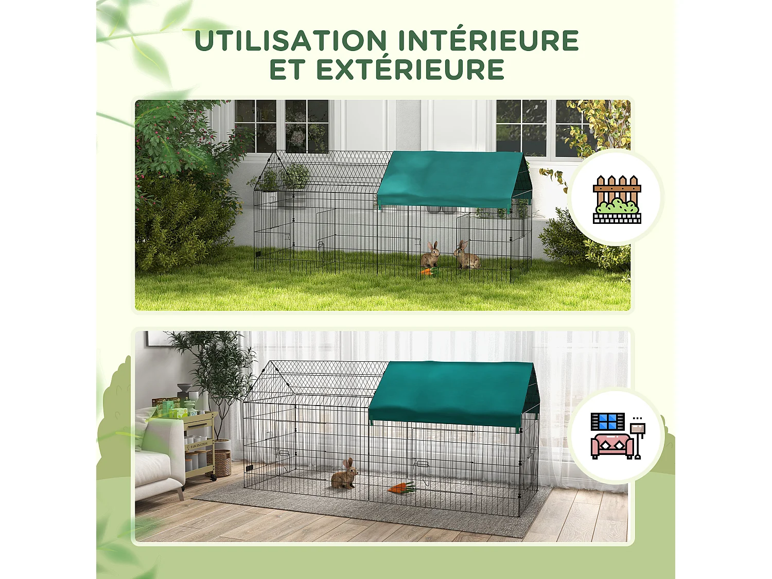 Parc enclos petits animaux - 2 portes, 2 trappes nourrissages, zone couverte - acier noir polyester vert