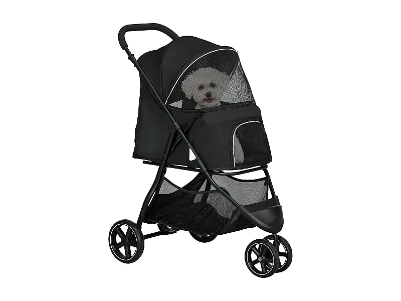 Poussette buggy pliable pour chien chat - 2 attaches, guidon réglable, panier - acier oxford noir