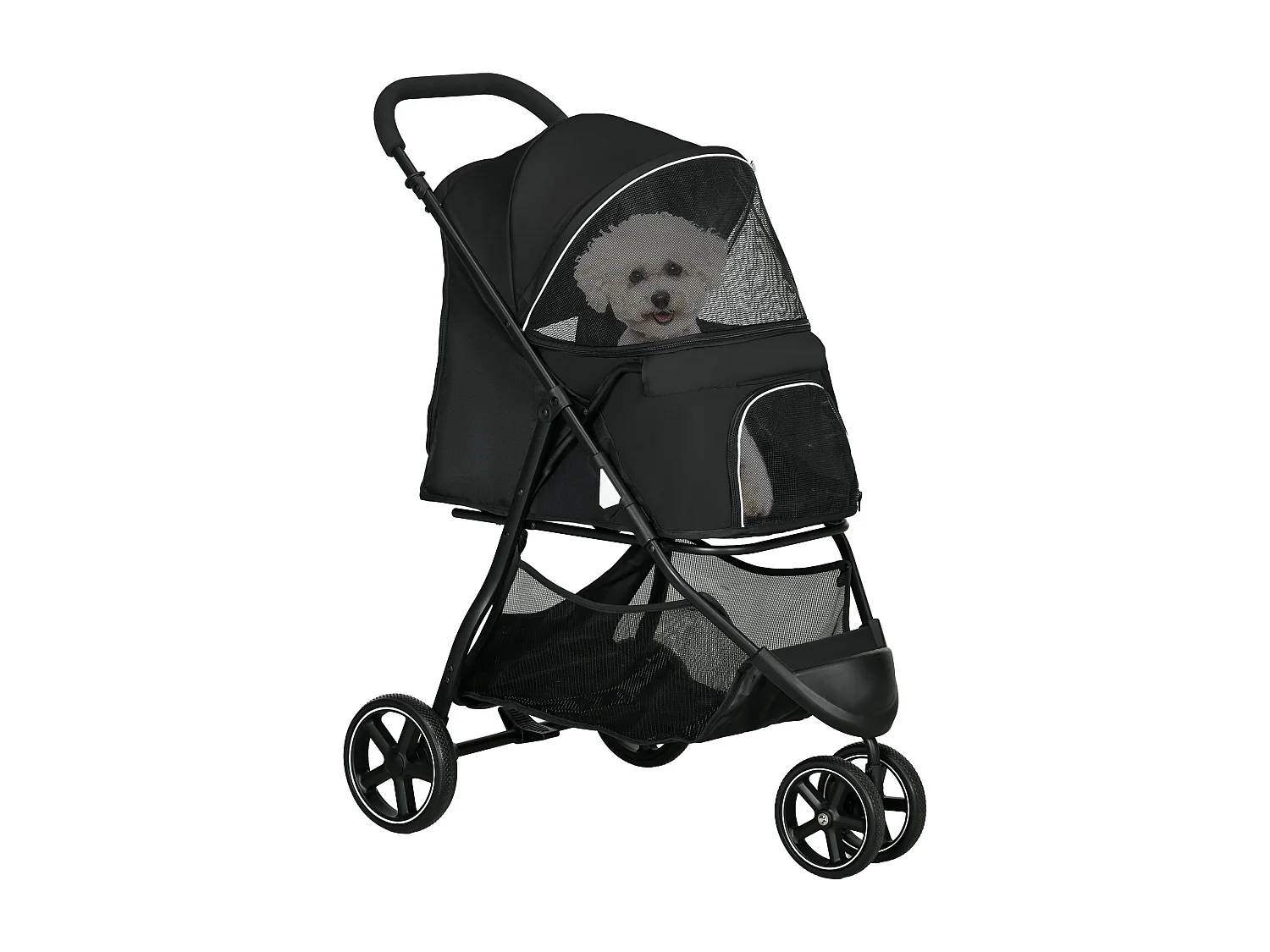 Poussette buggy pliable pour chien chat - 2 attaches, guidon réglable, panier - acier oxford noir