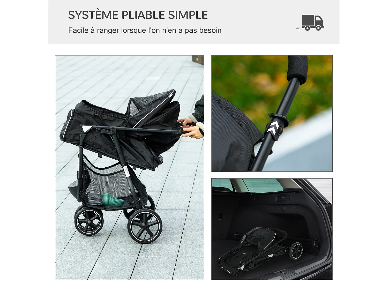 Poussette buggy pliable pour chien chat - 2 attaches, guidon réglable, panier - acier oxford noir
