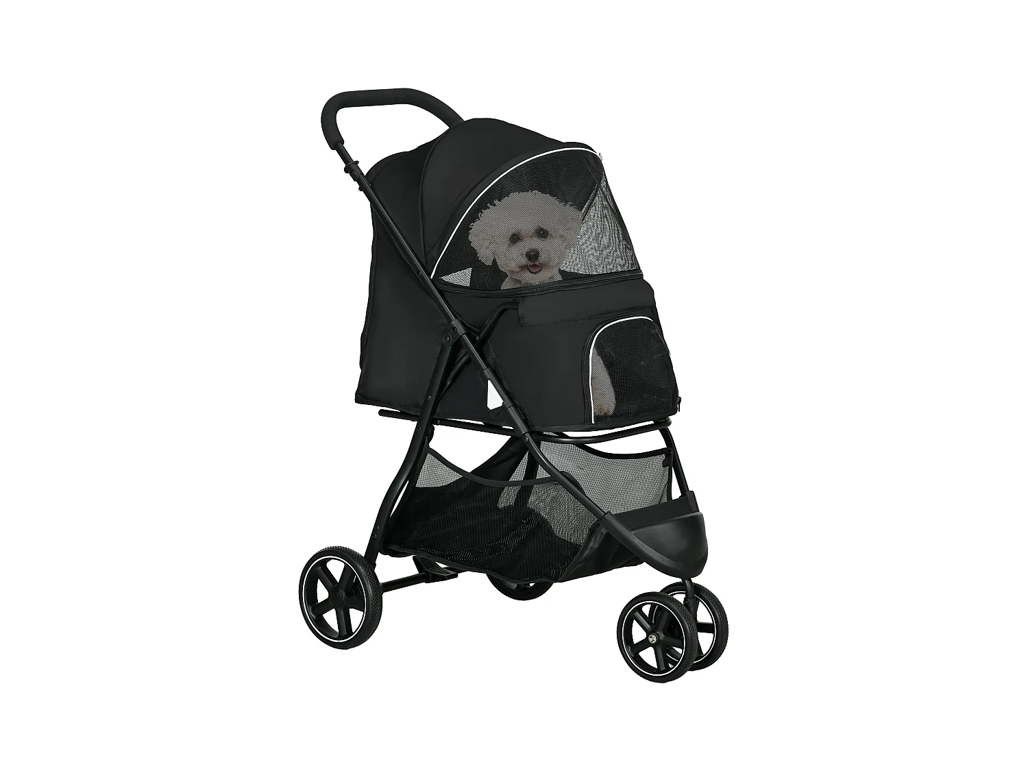 Poussette buggy pliable pour chien chat - 2 attaches, guidon réglable, panier - acier oxford noir