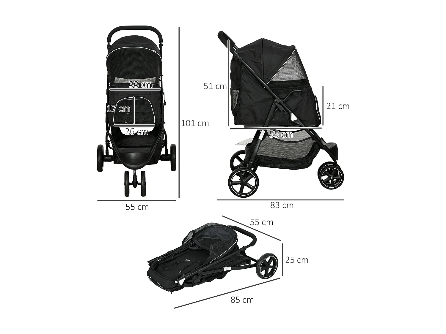 Poussette buggy pliable pour chien chat - 2 attaches, guidon réglable, panier - acier oxford noir