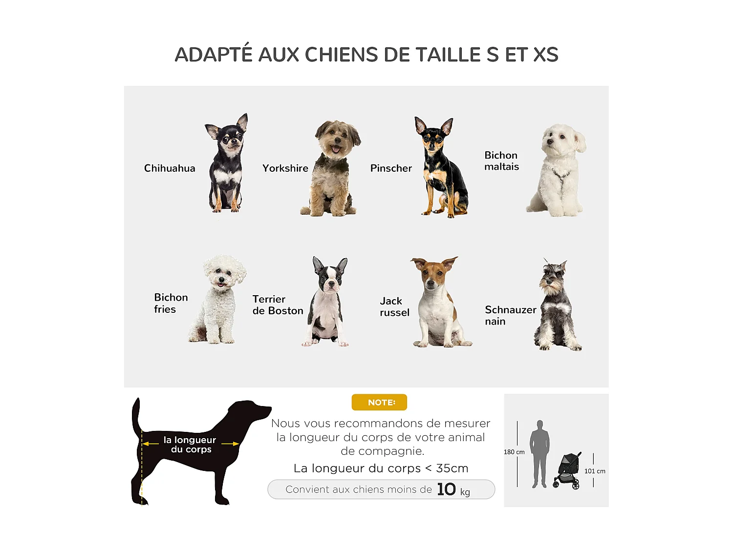 Poussette buggy pliable pour chien chat - 2 attaches, guidon réglable, panier - acier oxford noir
