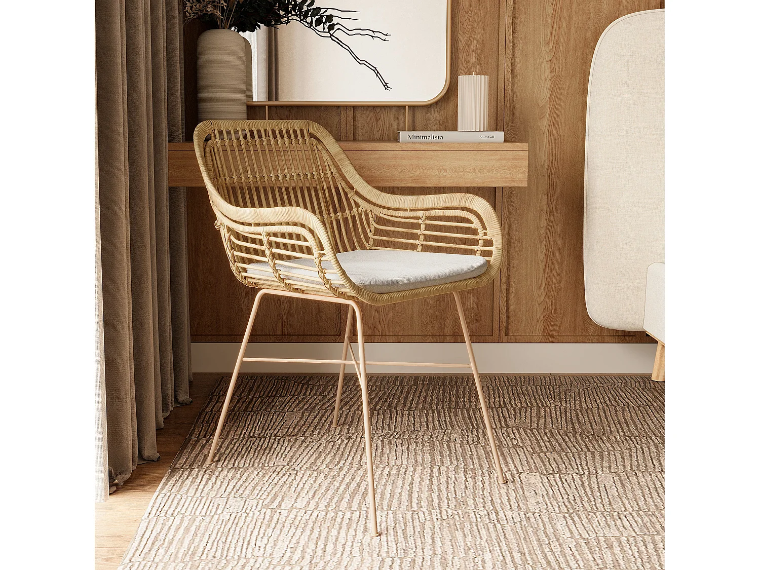 Silla de mimbre con cojín de tela y patas de metal beige - Chiloe