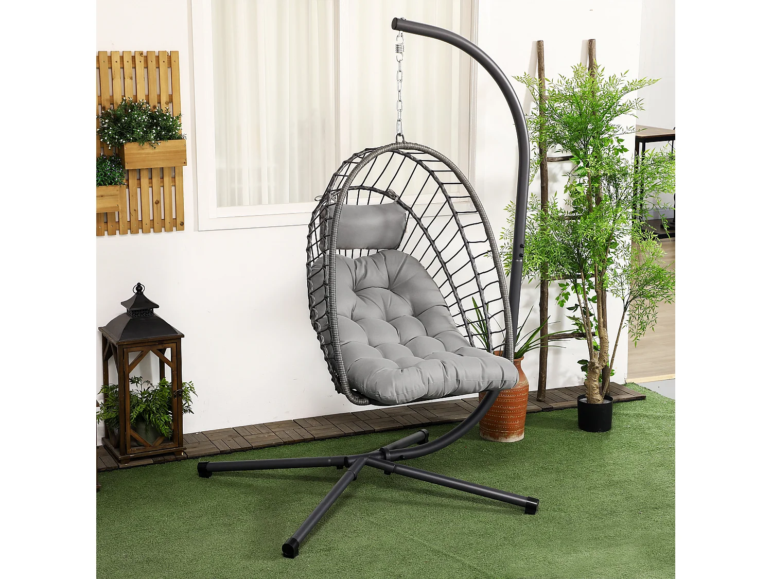 Fauteuil suspendu de jardin pliable avec matelas métal résine gris