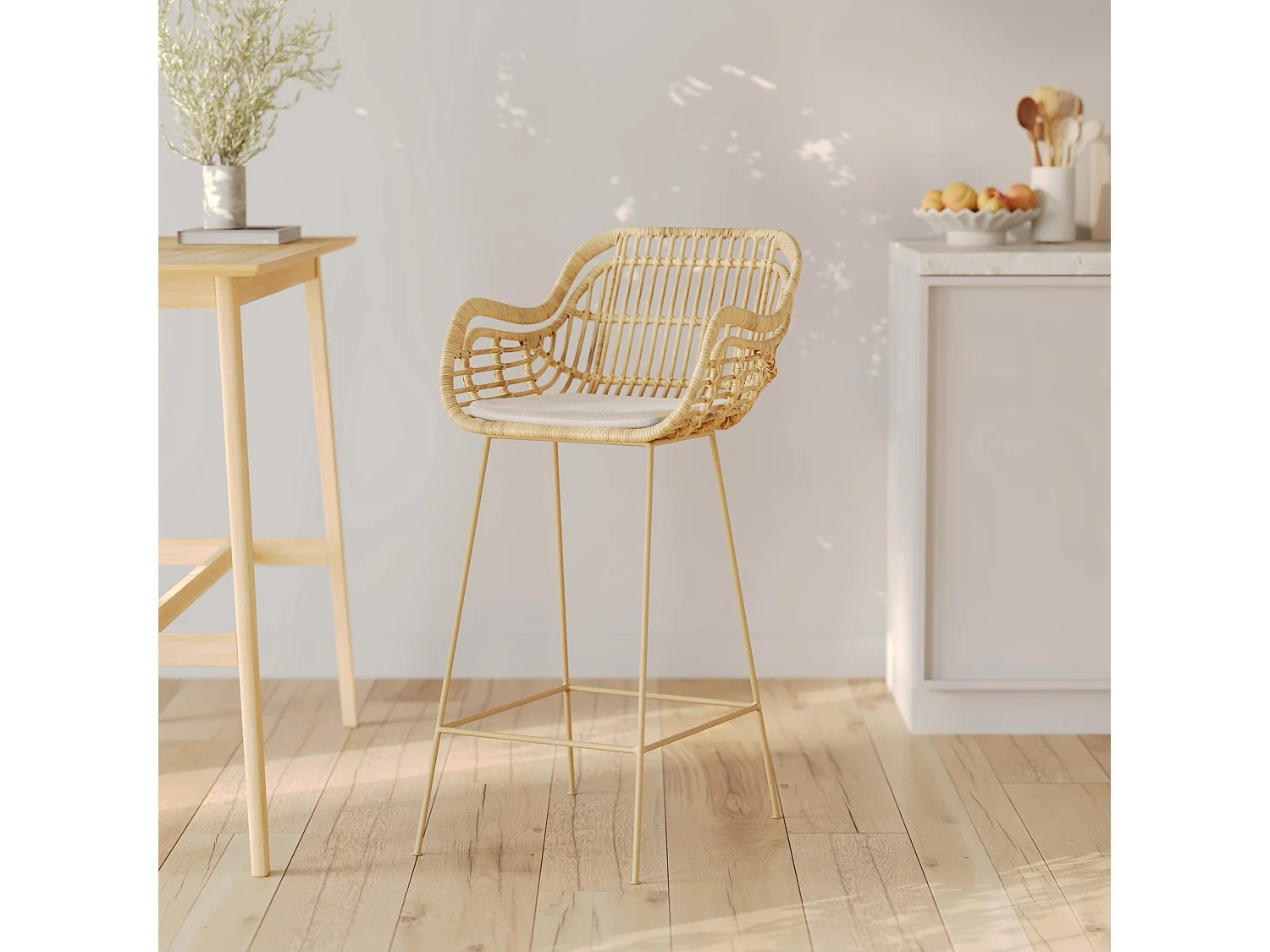 Chaise de bar en rotin, coussin en tissu et pieds en métal beige 71 cm - Chiloé