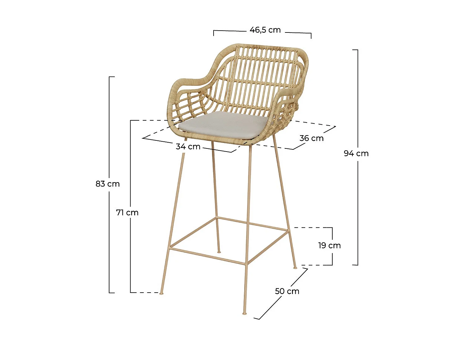 Chaise de bar en rotin, coussin en tissu et pieds en métal beige 71 cm - Chiloé