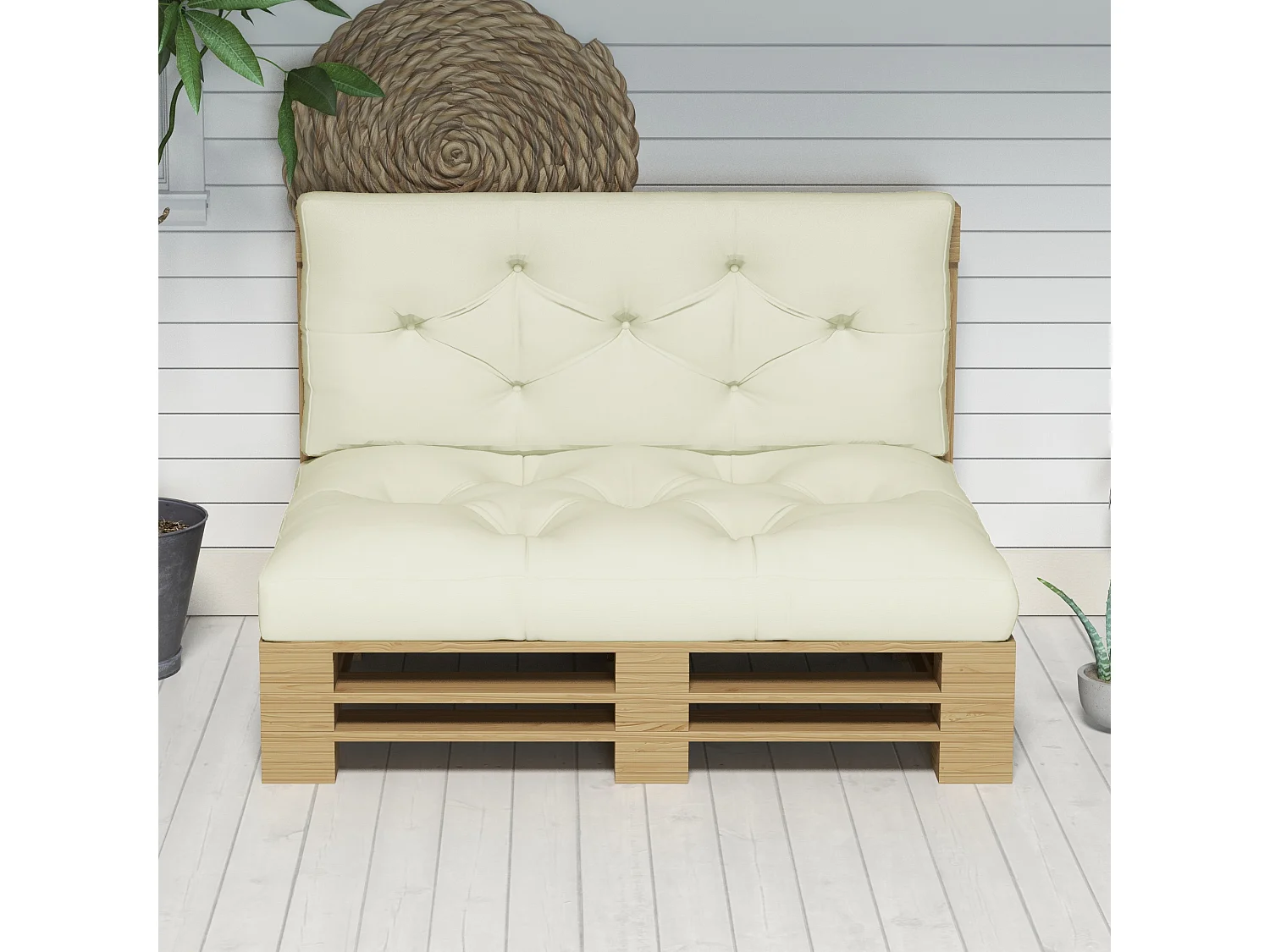 Lot de 2 coussins assises dossiers banc de jardin canapé dim. 120L x 80l x 12H cm polyester crème