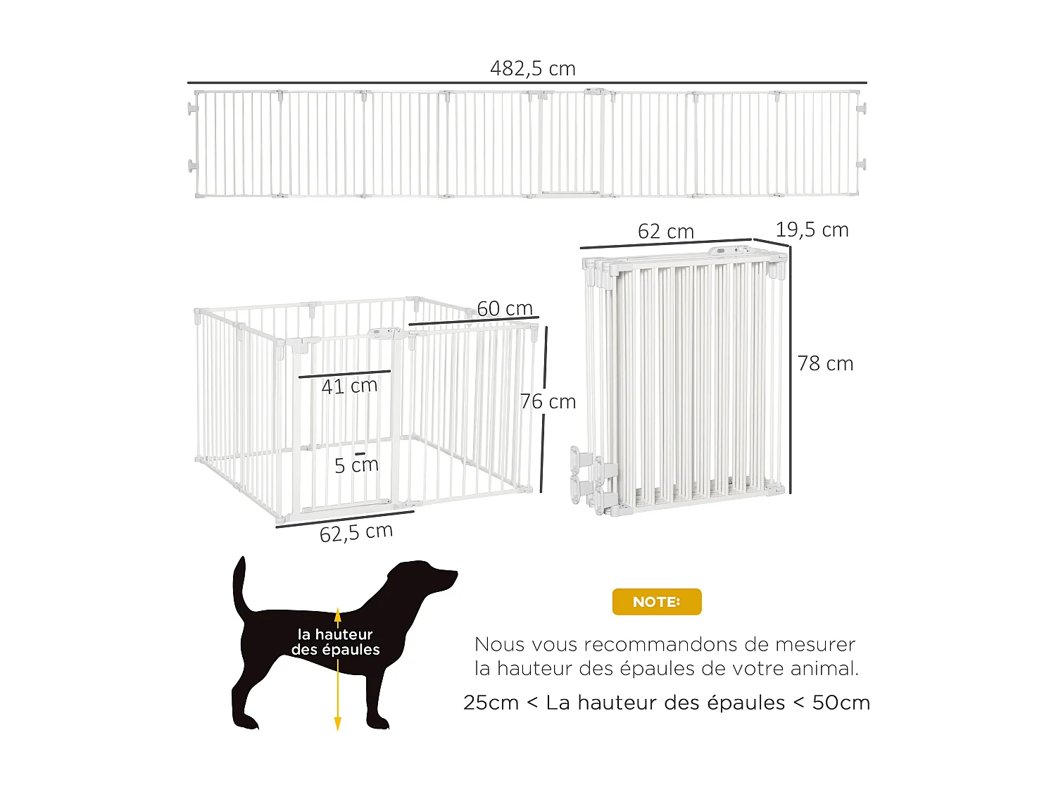 Barrière de sécurité - parc enclos chien modulable pliable - porte verrouillable - 8 panneaux acier et PP - dim. 482,5L max. x 76H cm blanc
