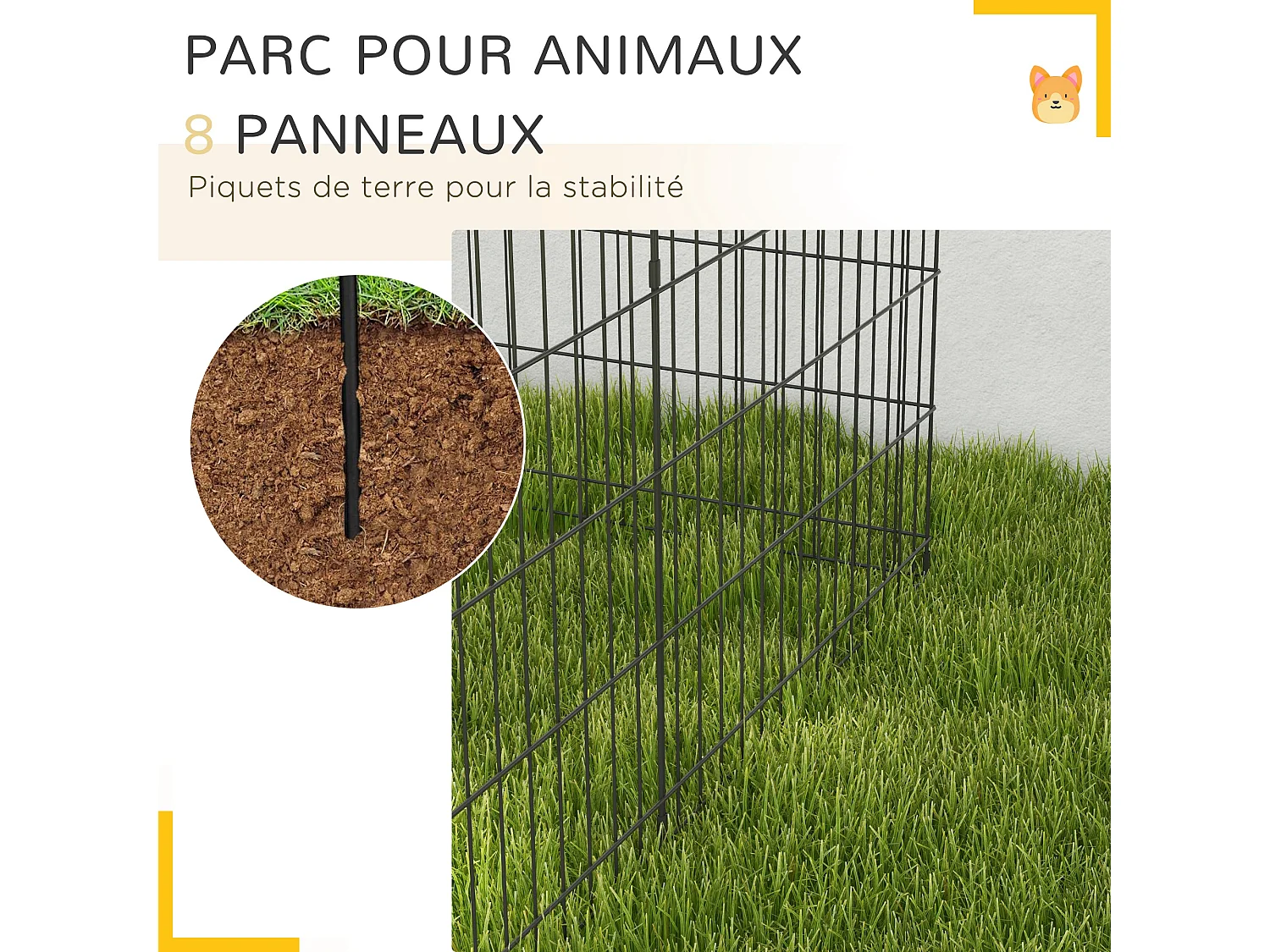 Parc enclos acier pour chien animaux 1 porte 8 panneaux 76L x 61l cm noir