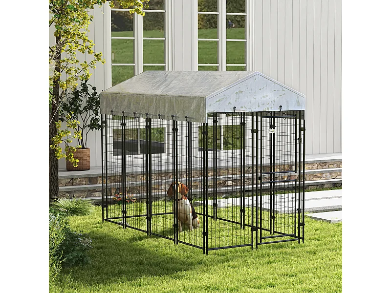 Chenil extérieur chien - cage chien - enclos chien - toile toit imperméable anti-UV, 2 portes verrouillables - acier noir PE gris