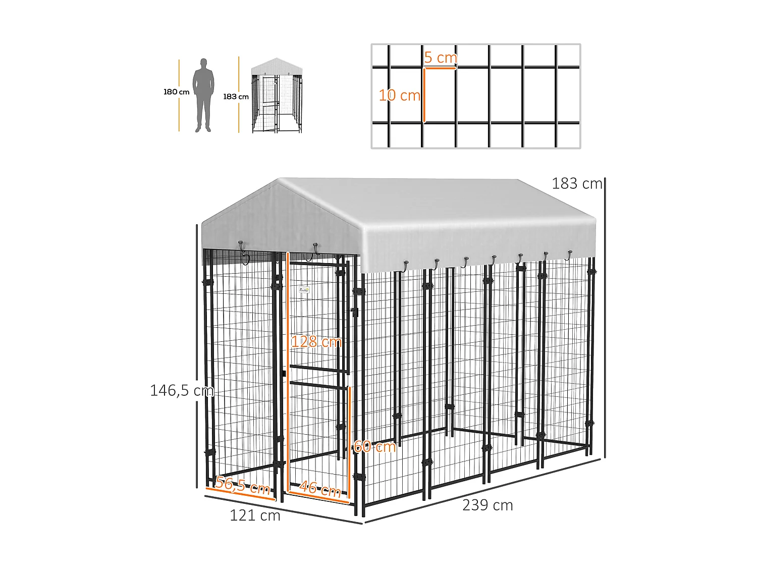 Chenil extérieur chien - cage chien - enclos chien - toile toit imperméable anti-UV, 2 portes verrouillables - acier noir PE gris
