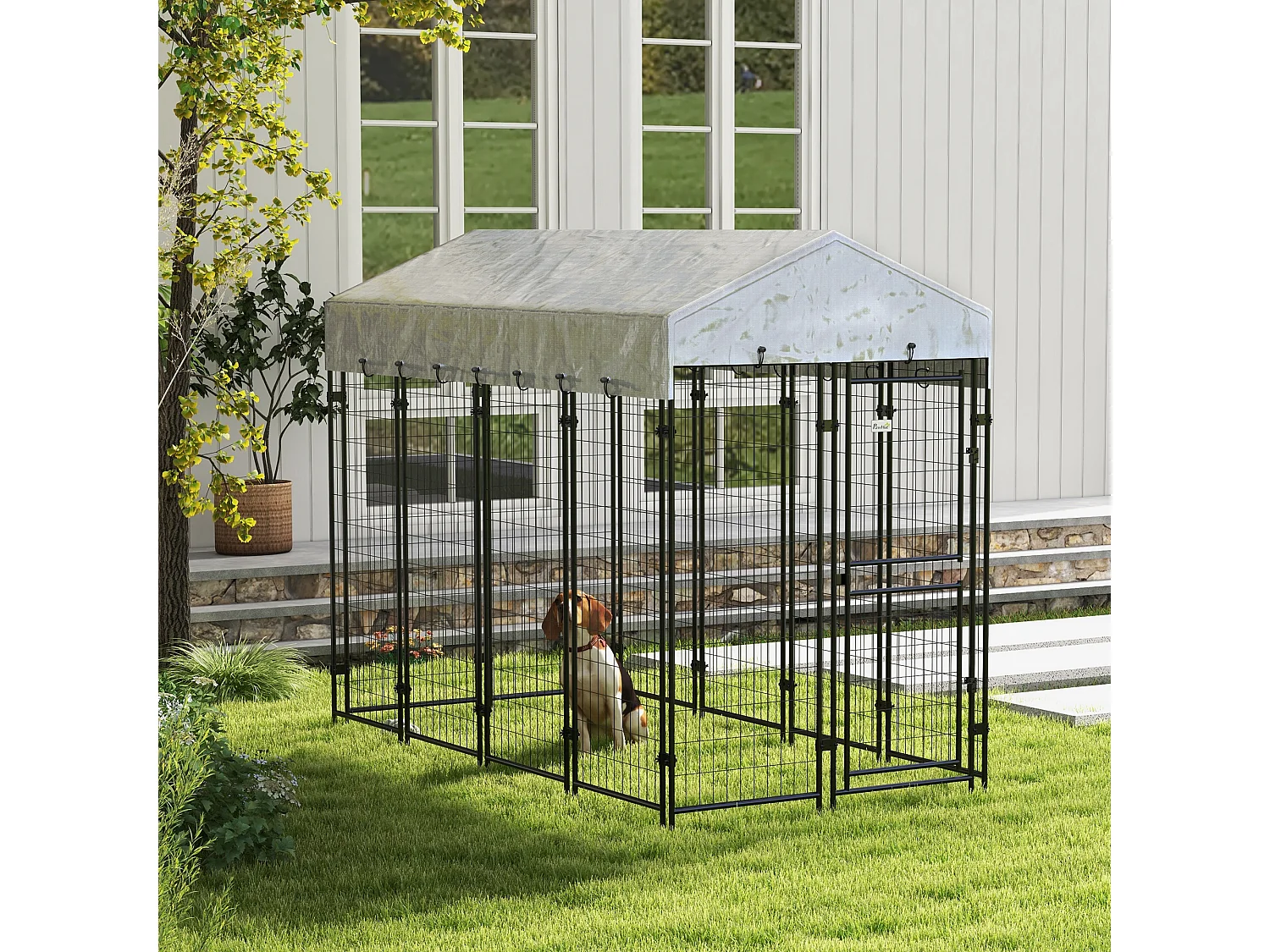 Chenil extérieur chien - cage chien - enclos chien - toile toit imperméable anti-UV, 2 portes verrouillables - acier noir PE gris