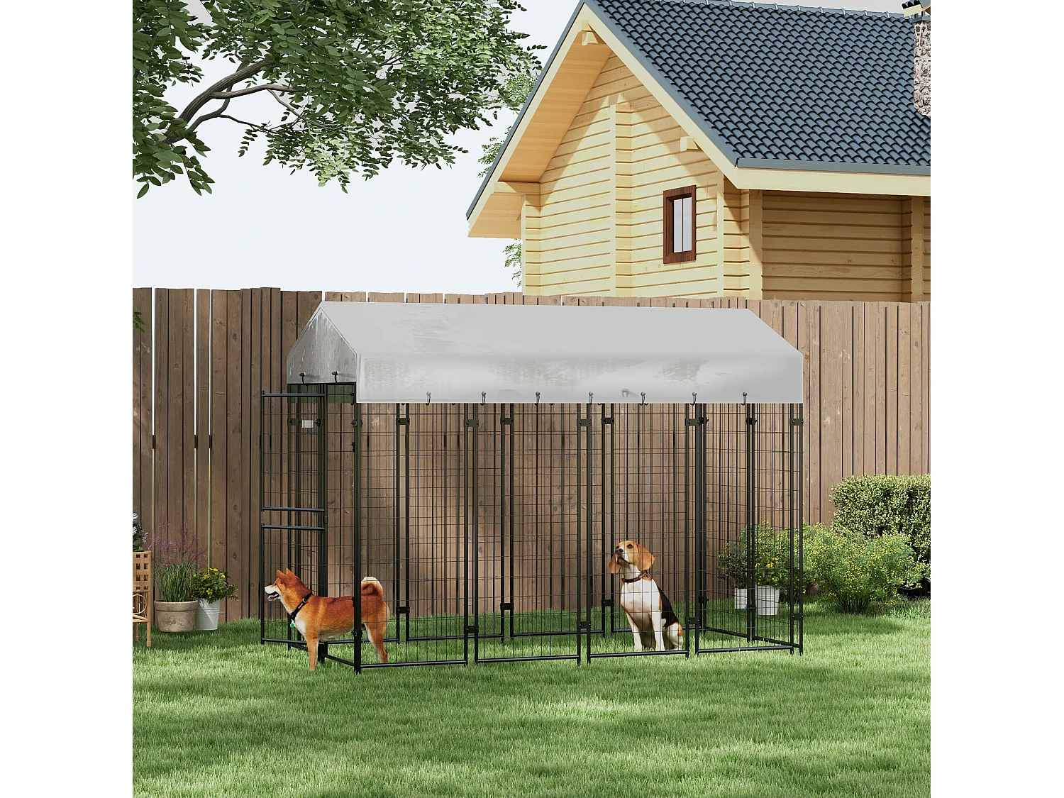 Chenil extérieur chien - cage chien - enclos chien - toile toit imperméable anti-UV, 2 portes verrouillables - acier noir PE gris