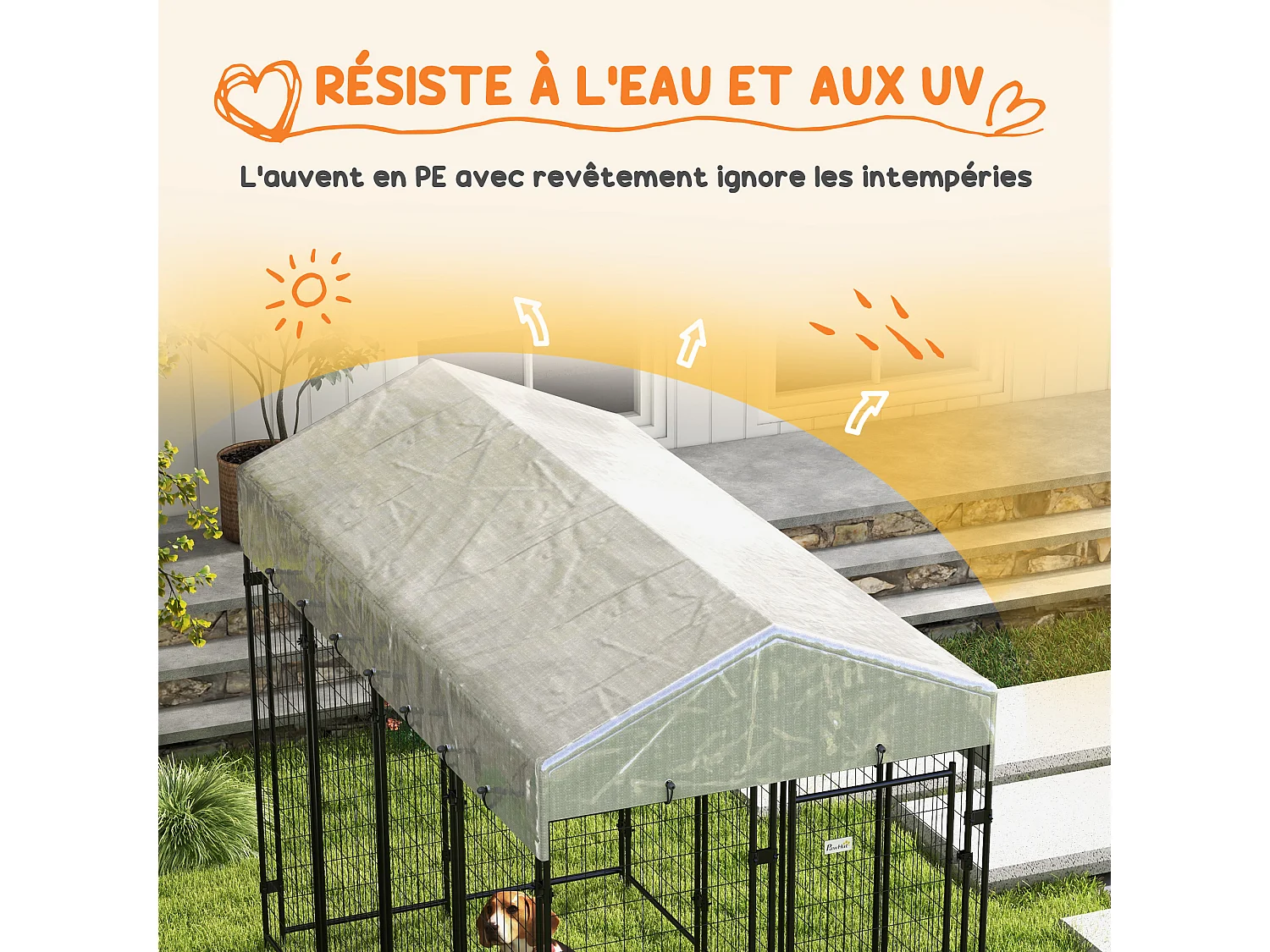 Chenil extérieur chien - cage chien - enclos chien - toile toit imperméable anti-UV, 2 portes verrouillables - acier noir PE gris
