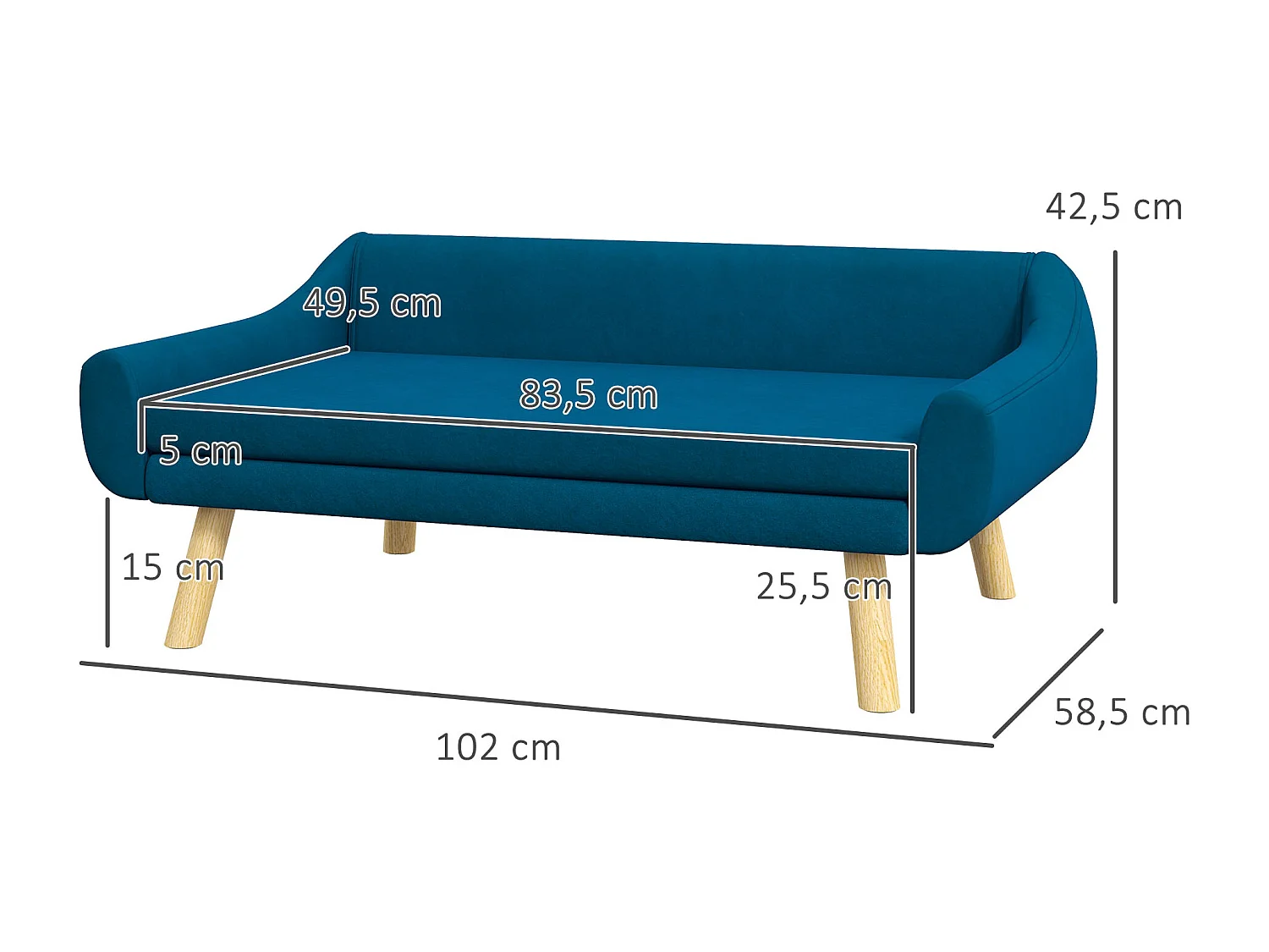 Canapé chien lit pour chien design scandinave - coussin moelleux déhoussable, pieds bois - velours bleu canard