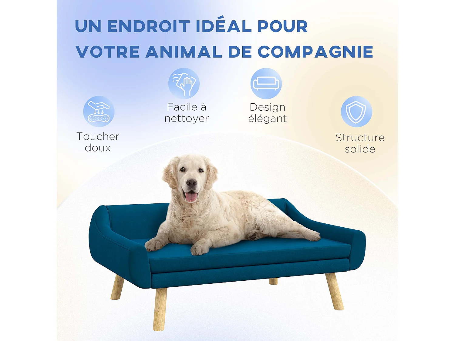 Canapé chien lit pour chien design scandinave - coussin moelleux déhoussable, pieds bois - velours bleu canard