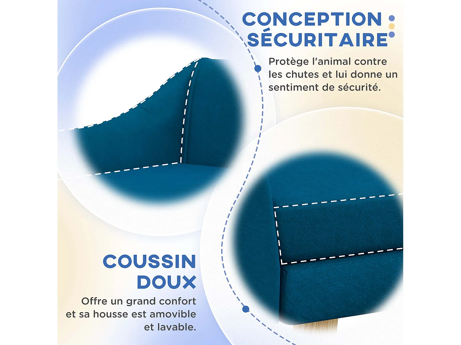 Canapé chien lit pour chien design scandinave - coussin moelleux déhoussable, pieds bois - velours bleu canard