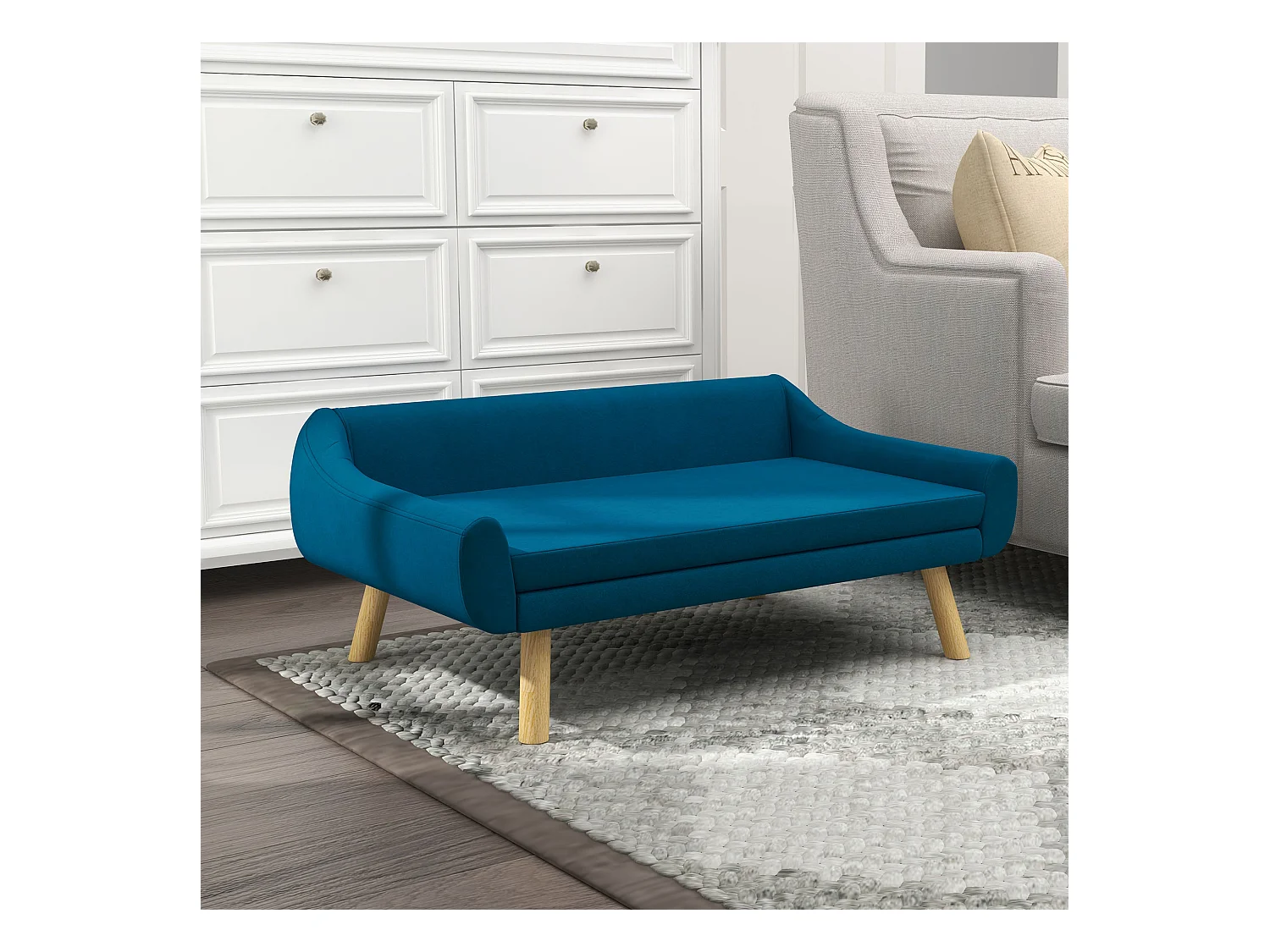 Canapé chien lit pour chien design scandinave - coussin moelleux déhoussable, pieds bois - velours bleu canard