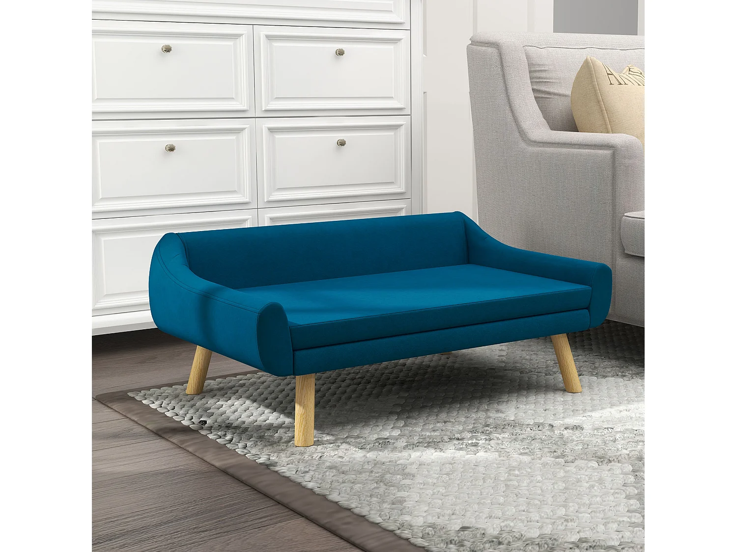 Canapé chien lit pour chien design scandinave - coussin moelleux déhoussable, pieds bois - velours bleu canard