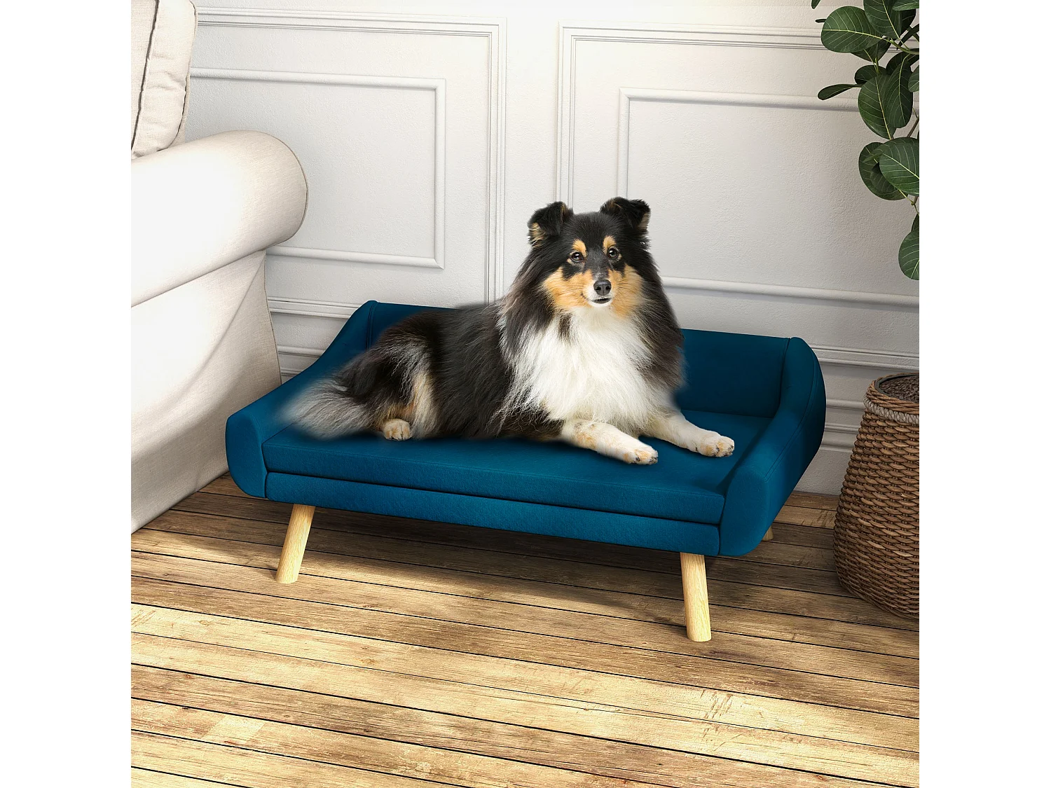 Canapé chien lit pour chien design scandinave - coussin moelleux déhoussable, pieds bois - velours bleu canard