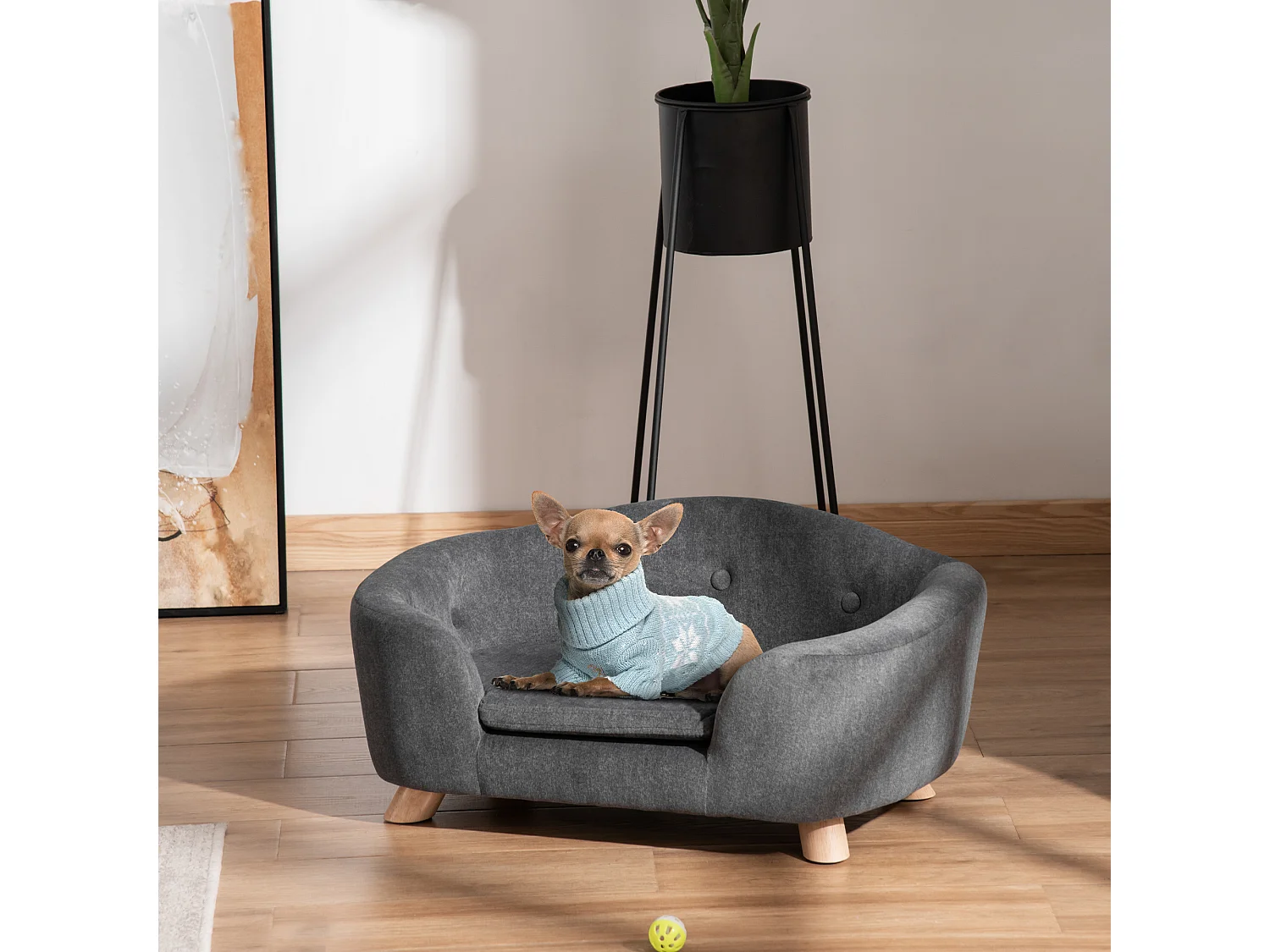 Canapé chien lit pour chien design scandinave coussin moelleux amovible pieds bois massif dim. 70L x 47l x 30H cm peluche courte polyester gris