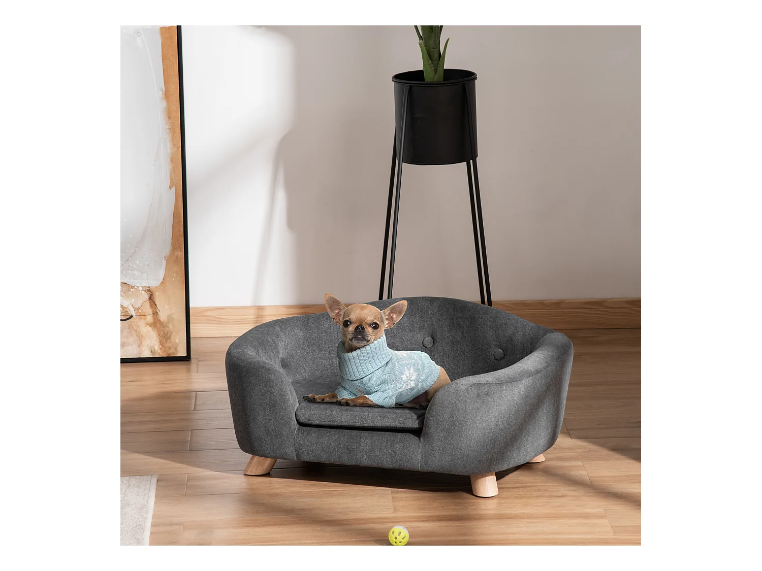 Canapé chien lit pour chien design scandinave coussin moelleux amovible pieds bois massif dim. 70L x 47l x 30H cm peluche courte polyester gris
