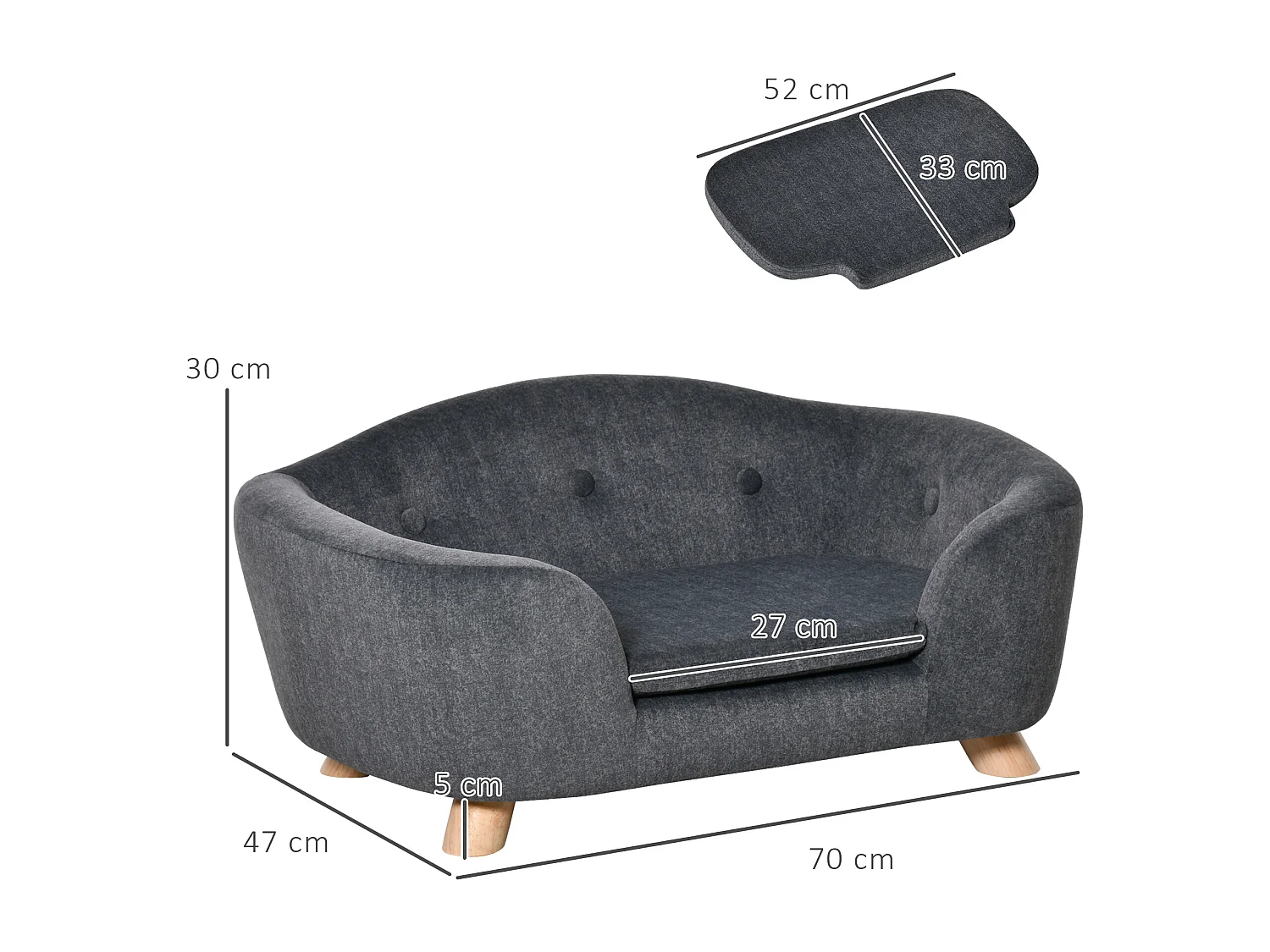 Canapé chien lit pour chien design scandinave coussin moelleux amovible pieds bois massif dim. 70L x 47l x 30H cm peluche courte polyester gris