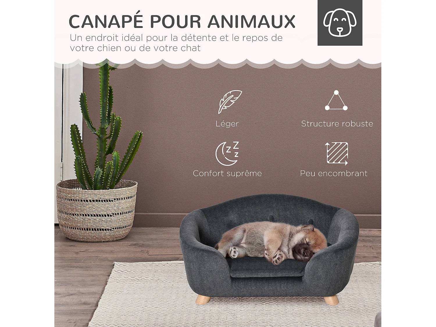 Canapé chien lit pour chien design scandinave coussin moelleux amovible pieds bois massif dim. 70L x 47l x 30H cm peluche courte polyester gris