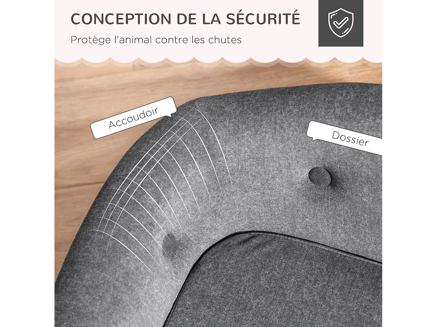 Canapé chien lit pour chien design scandinave coussin moelleux amovible pieds bois massif dim. 70L x 47l x 30H cm peluche courte polyester gris