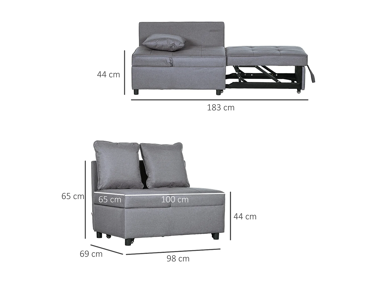 Canapé-lit canapé convertible dossier inclinable 2 coussins fournis assise effet capitonné tissu gris