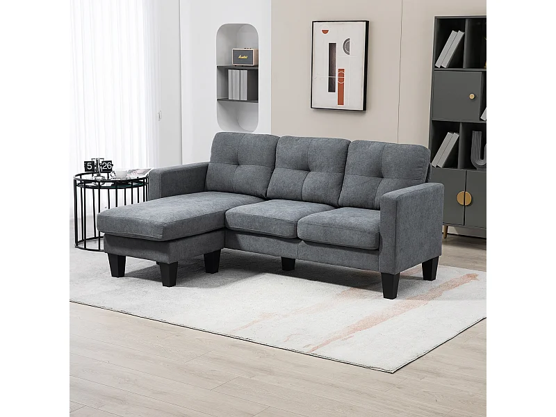 Canapé d'angle 3 places méridienne réversible garnissage mousse haute densité tissu aspect lin gris