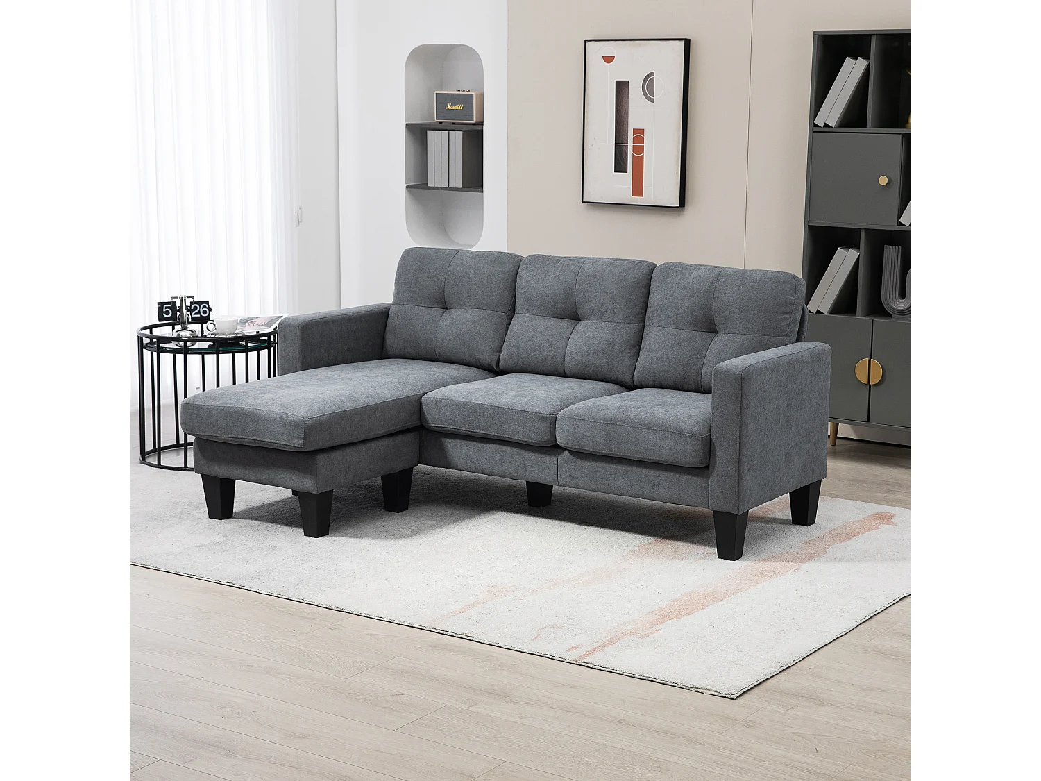 Canapé d'angle 3 places méridienne réversible garnissage mousse haute densité tissu aspect lin gris