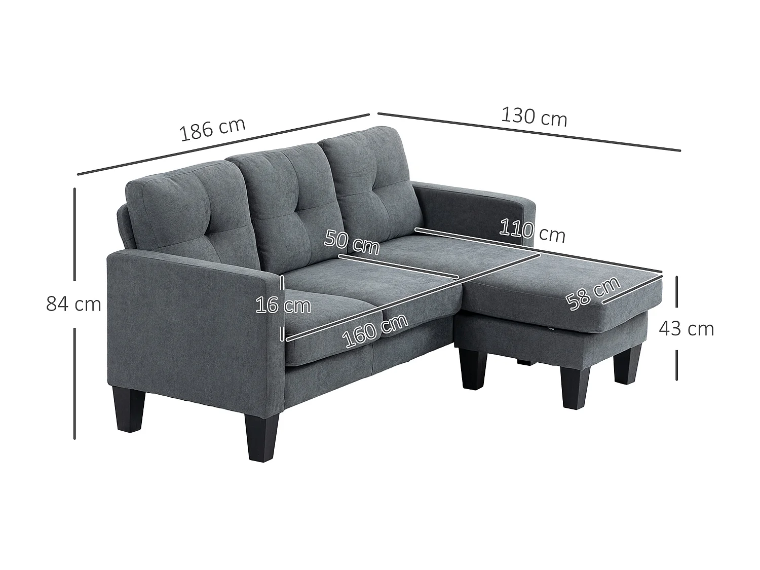 Canapé d'angle 3 places méridienne réversible garnissage mousse haute densité tissu aspect lin gris