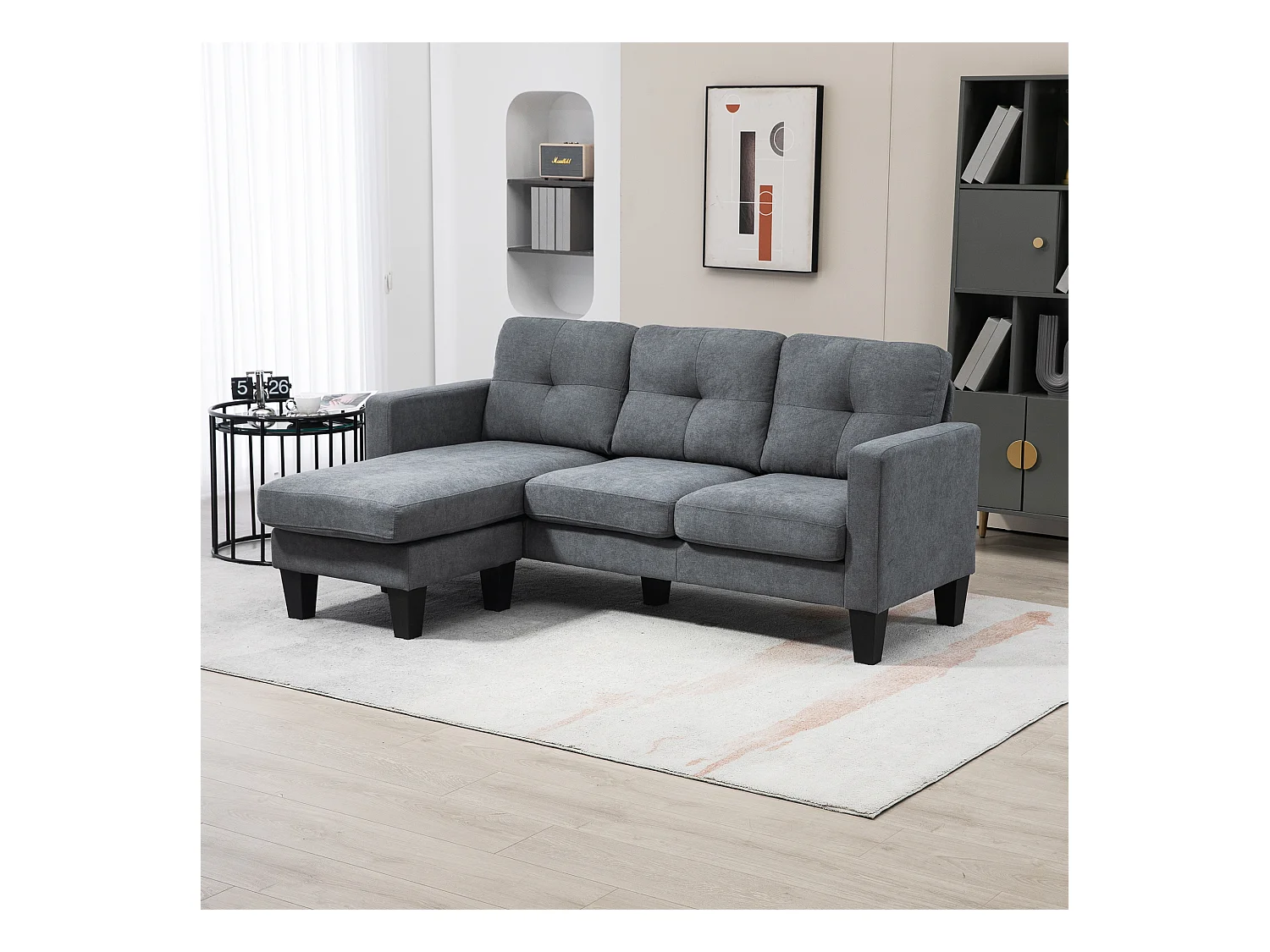 Canapé d'angle 3 places méridienne réversible garnissage mousse haute densité tissu aspect lin gris