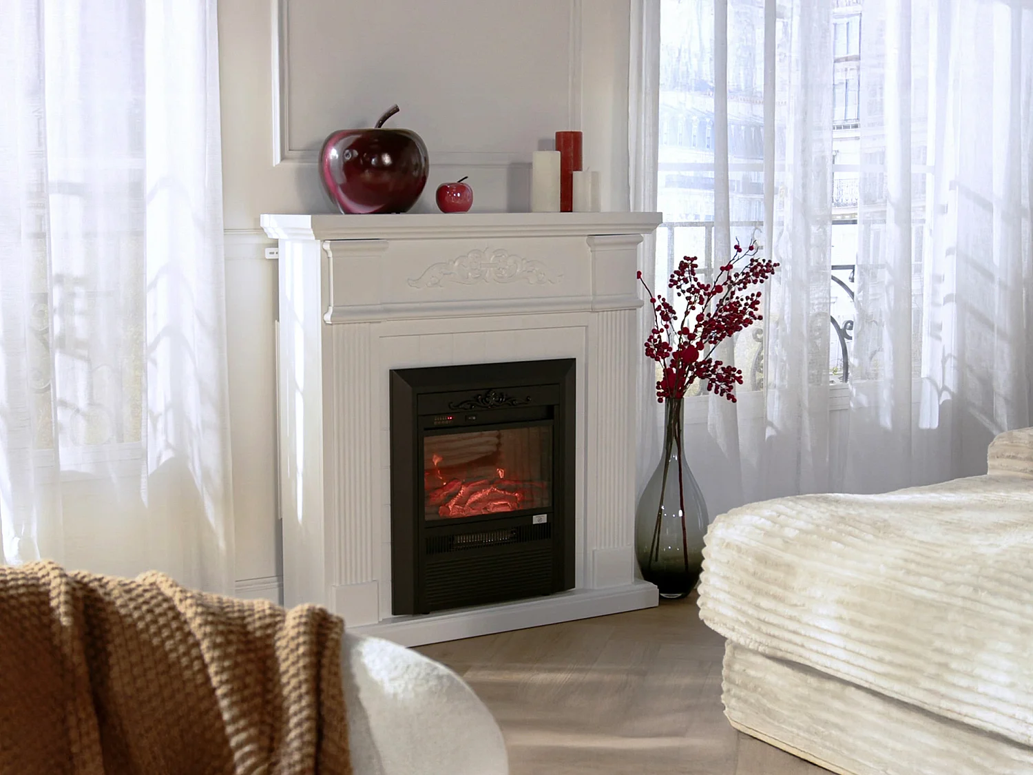 Cheminée électrique à poser - Avec manteau - L98 x P26 x H100,8 cm - Blanc - OTEMANU