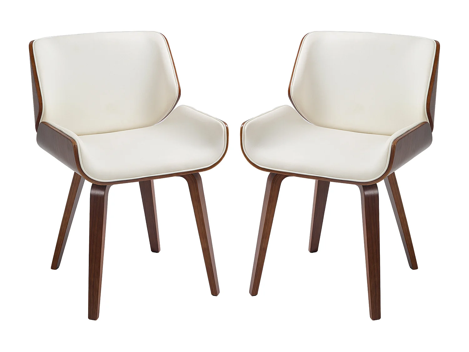 Lot de 2 chaises design vintage piètement châssis bois peuplier aspect noyer revêtement mixte synthétique tissu crème