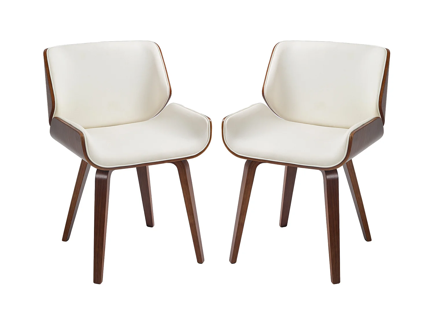 Lot de 2 chaises design vintage piètement châssis bois peuplier aspect noyer revêtement mixte synthétique tissu crème