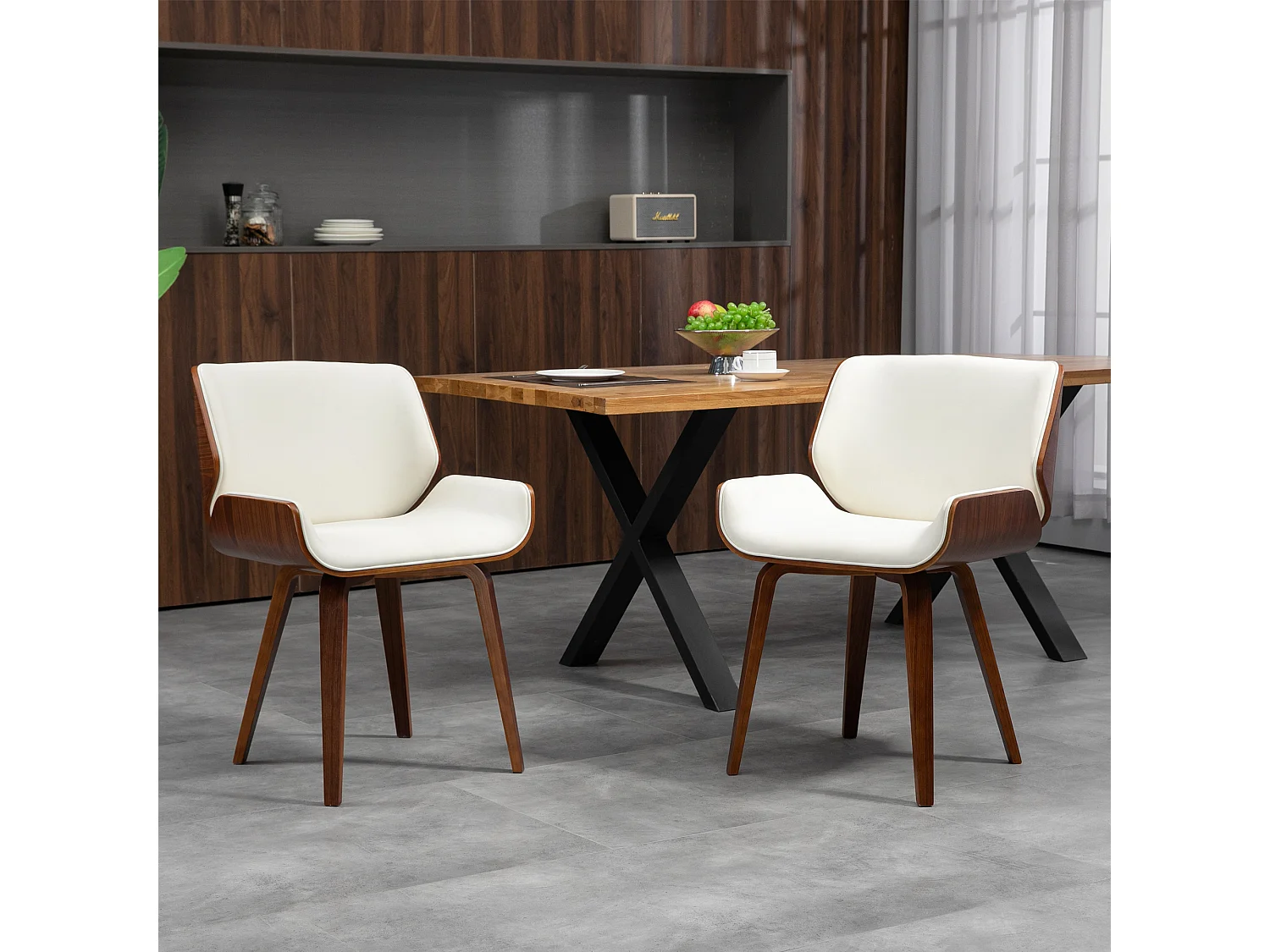 Lot de 2 chaises design vintage piètement châssis bois peuplier aspect noyer revêtement mixte synthétique tissu crème