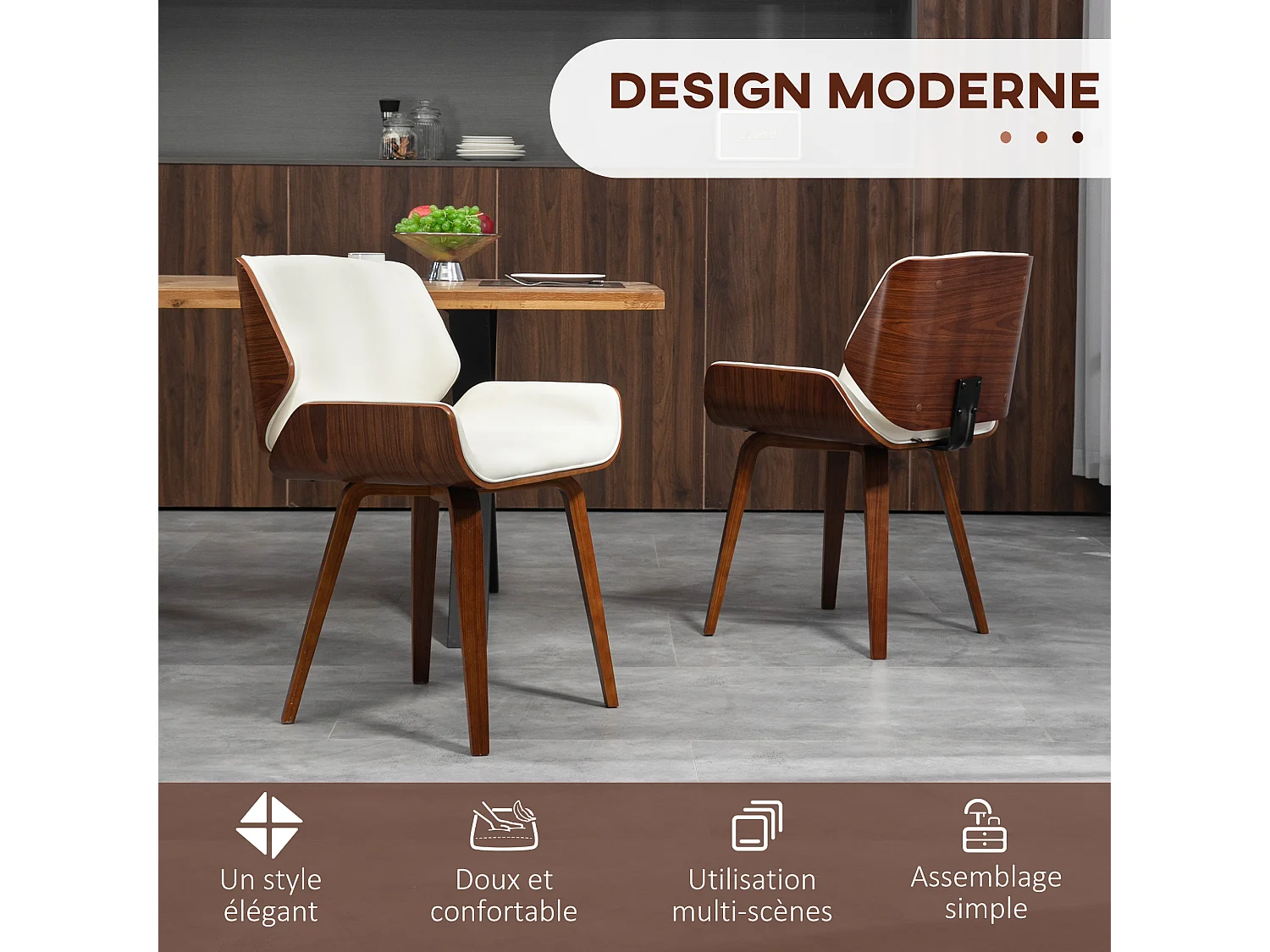 Lot de 2 chaises design vintage piètement châssis bois peuplier aspect noyer revêtement mixte synthétique tissu crème