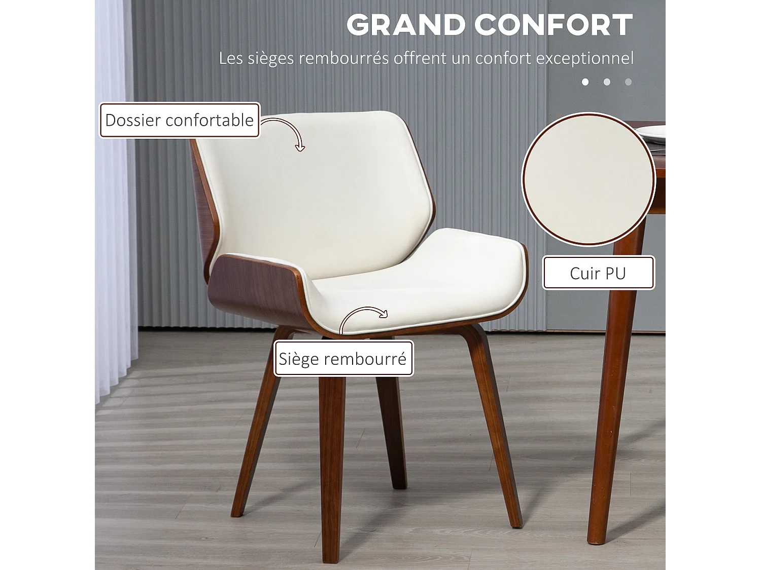 Lot de 2 chaises design vintage piètement châssis bois peuplier aspect noyer revêtement mixte synthétique tissu crème