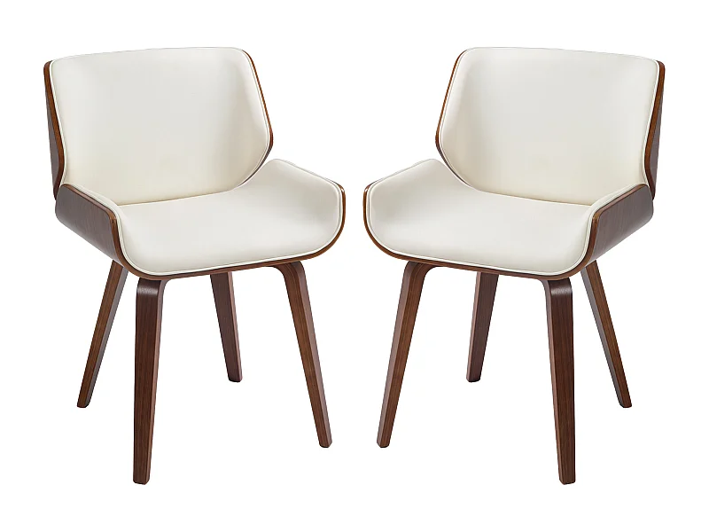 Lot de 2 chaises design vintage piètement châssis bois peuplier aspect noyer revêtement mixte synthétique tissu crème