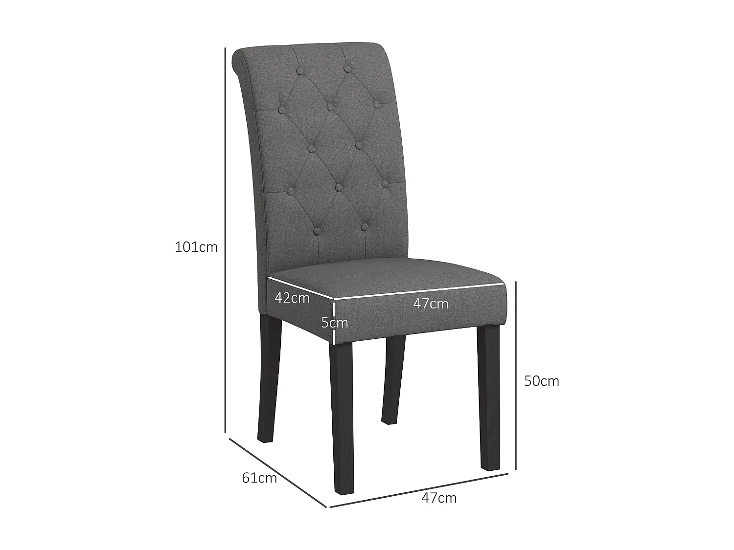 Lot de 2 chaises de salle à manger grand confort pieds en bois lin 47 x 61 x 101 cm anthracite