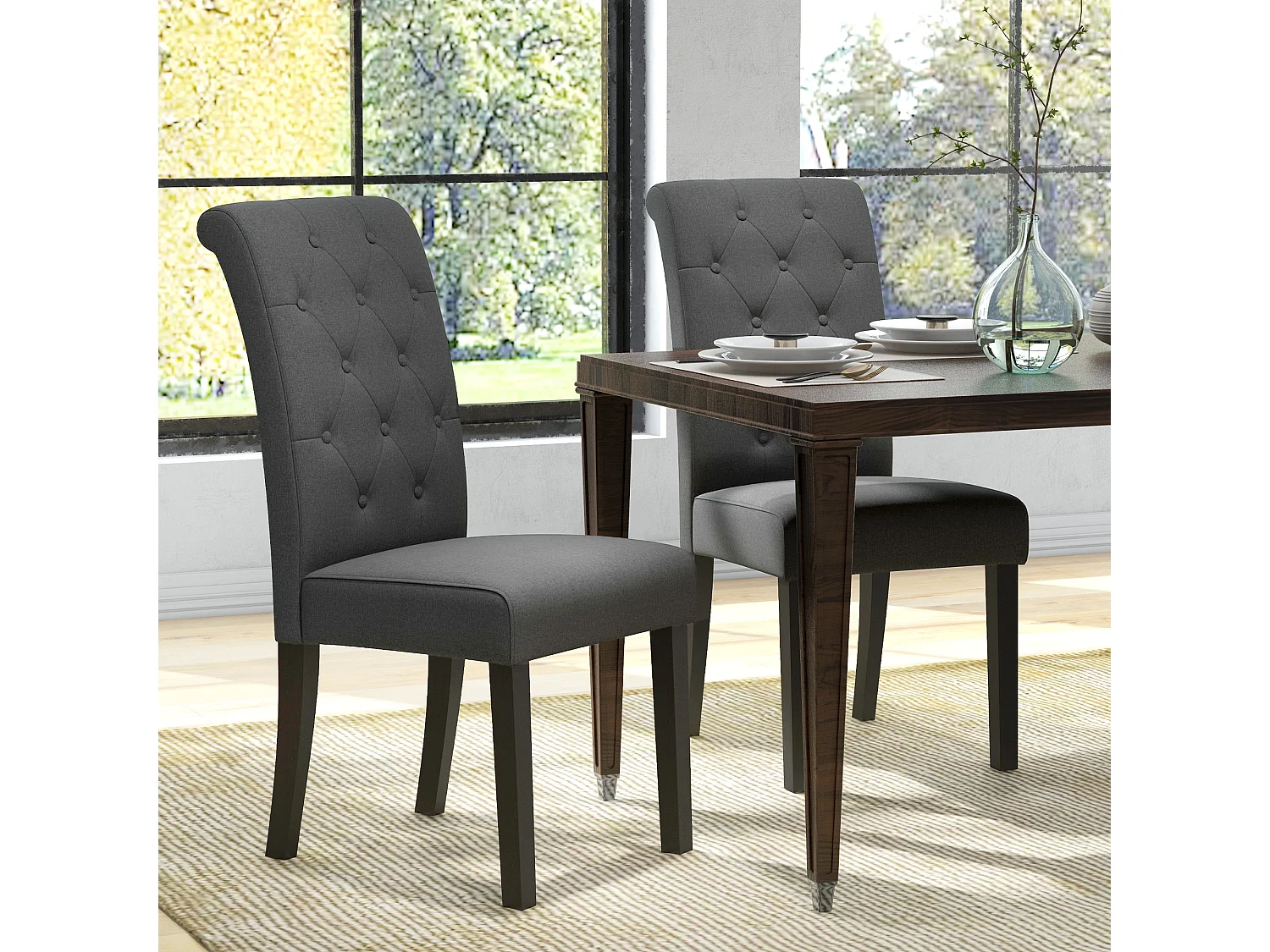 Lot de 2 chaises de salle à manger grand confort pieds en bois lin 47 x 61 x 101 cm anthracite