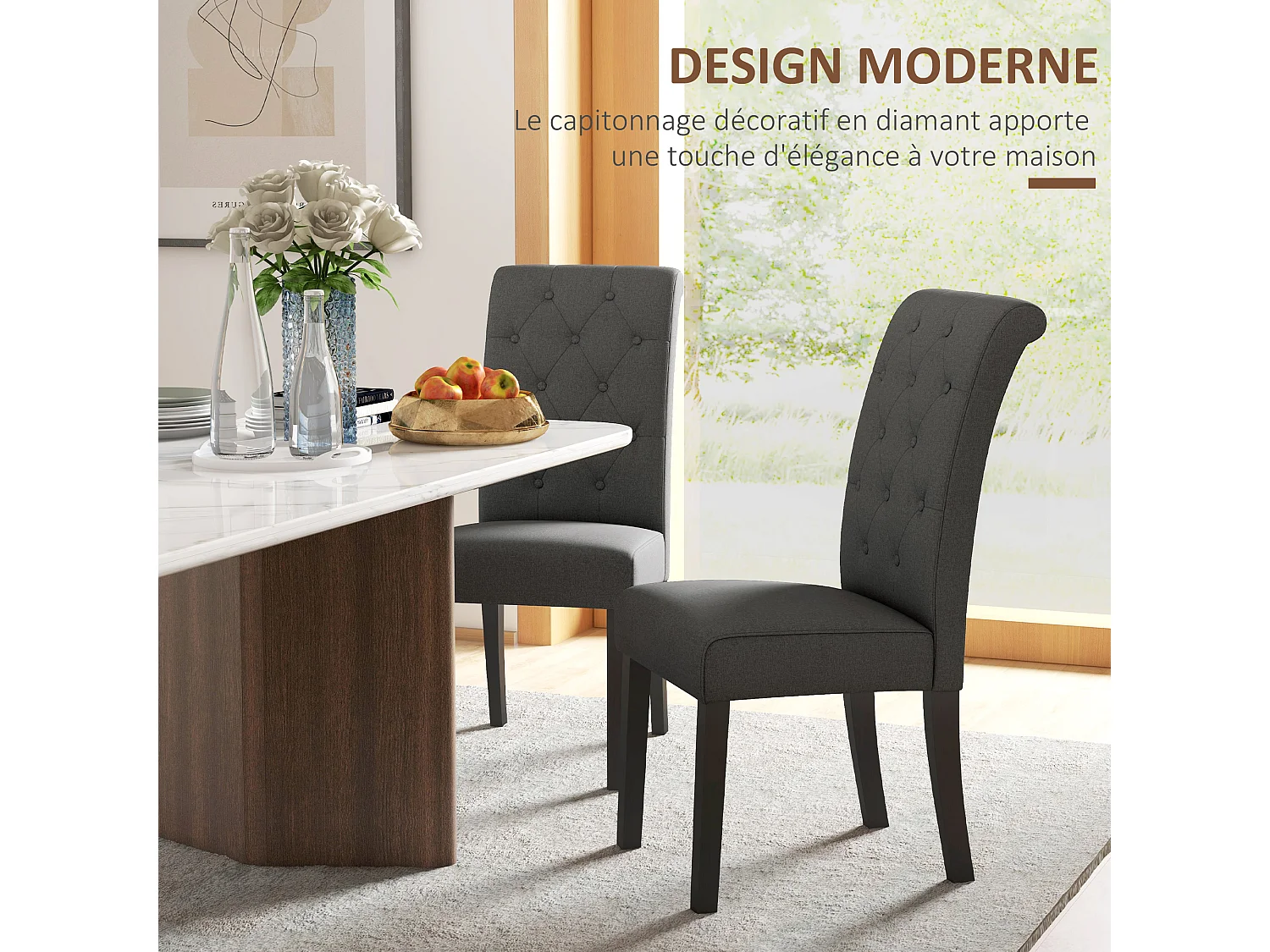 Lot de 2 chaises de salle à manger grand confort pieds en bois lin 47 x 61 x 101 cm anthracite